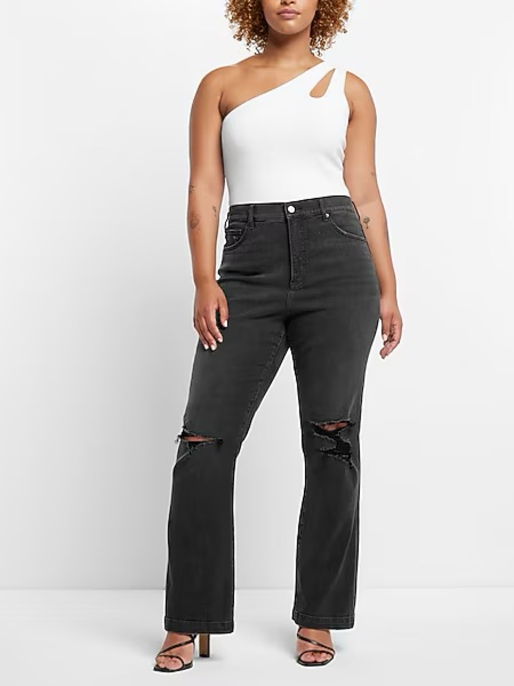 Express High Waisted Black Ripped 90s Bootcut Jeans